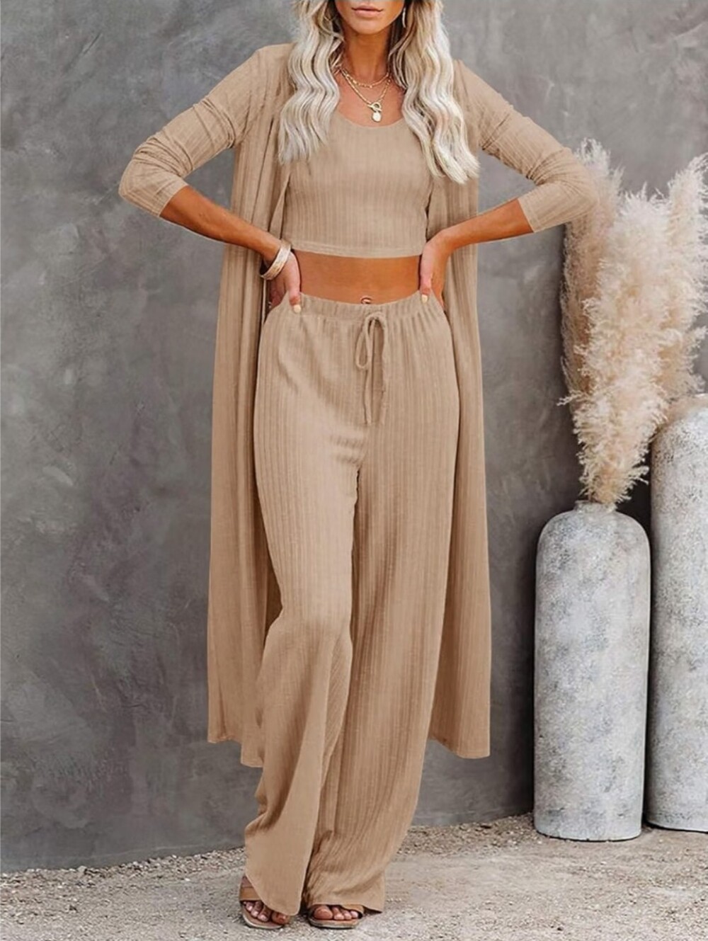 3pcs Khaki Lounge Set Long Sleeve Cardigan Sleeveless Top Pants Sweatsuit